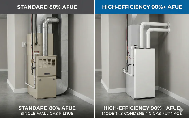 Side-by-side visual comparison of a standard 80% and high-efficiency 90% furnace.
