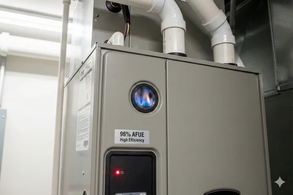 Close-up of a high-efficiency furnace showing blue flames through a sight glass and a blinking error light.