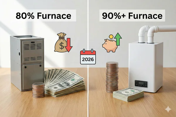 Infographic comparing the upfront and operational costs of an 80% vs. a 90% furnace in 2026.