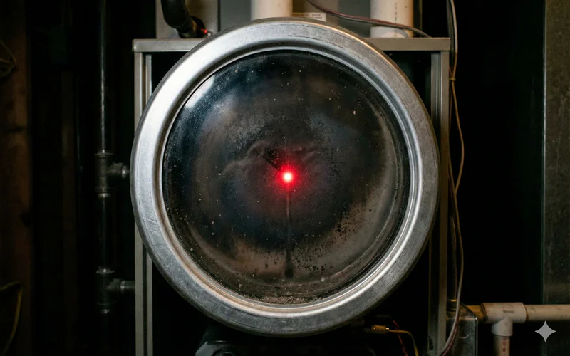 A red LED light blinking 3 times seen through a furnace sight glass.