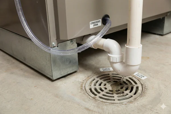 A PVC condensate drain line removing water from a high-efficiency furnace.
