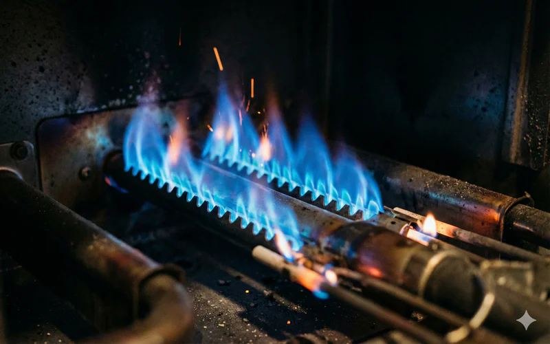 A close-up of blue flames igniting inside a gas furnace.