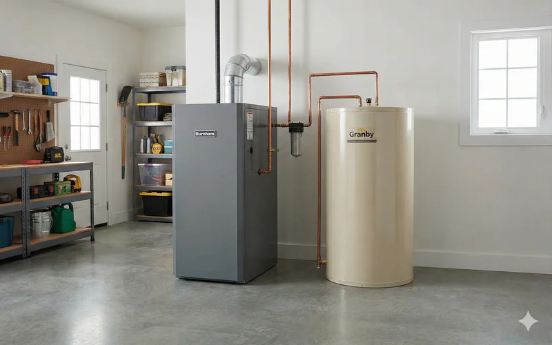A modern residential oil furnace and storage tank setup.