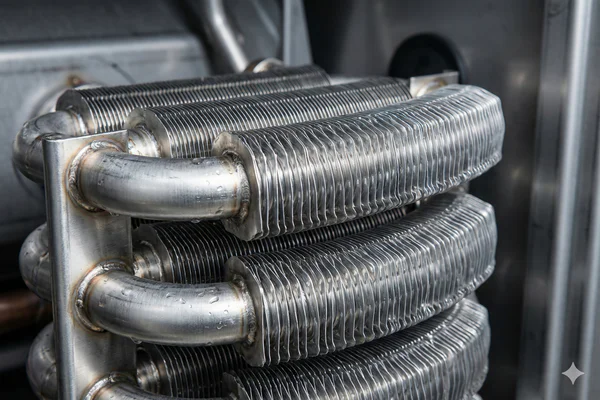 Close-up of a stainless steel secondary heat exchanger in a 90% furnace.