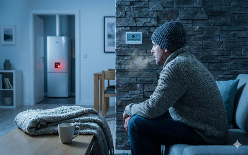 A homeowner looking frustrated at a thermostat while a furnace shuts off in the background.