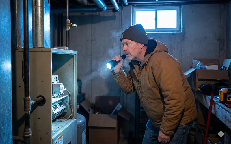 A homeowner inspecting a non-igniting furnace with a flashlight.