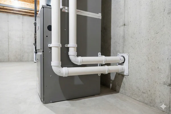 White PVC exhaust and intake pipes for a high-efficiency condensing furnace.